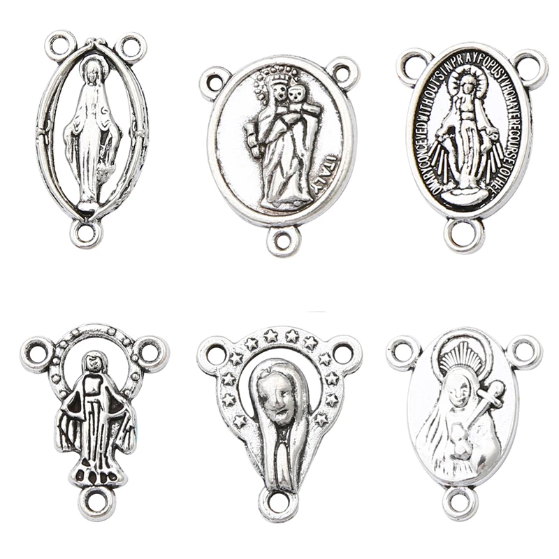 10-20pcs Antique Silver Metal Jesus Mother Mary Charm Pendants Connector for DIY Rosary Necklace Earring Tassel Jewelry Making