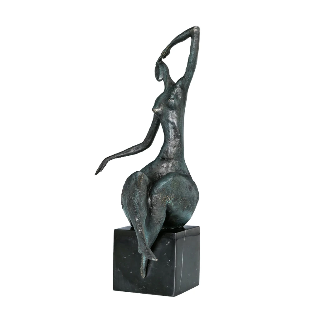 Novelty European Abstract Woman Bronze Sculpture Statue Green Modern Art Western Female Figurine Upscale Home Decor
