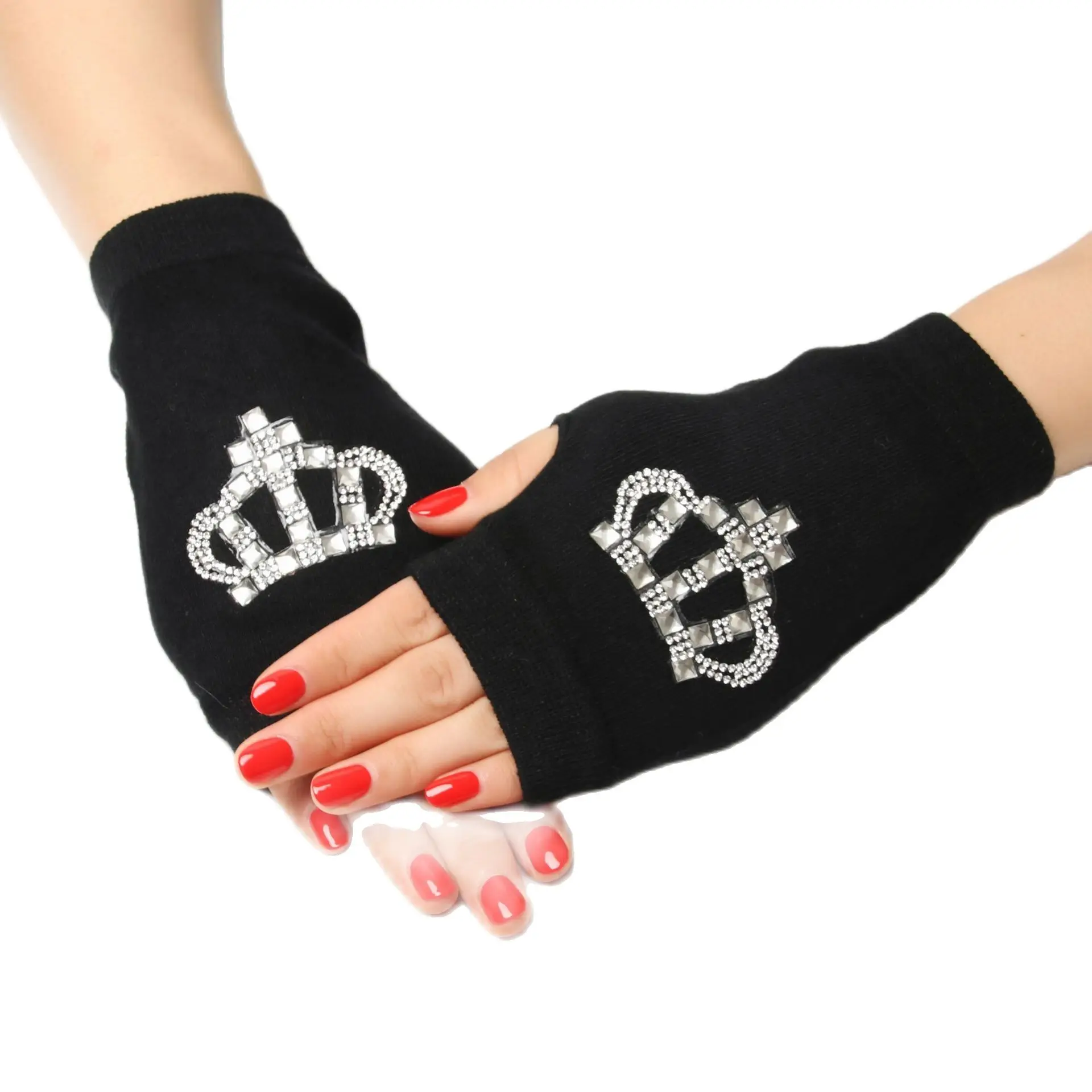 Guantes de lana con remache para danza, manoplas de medio dedo para primavera y otoño, color negro