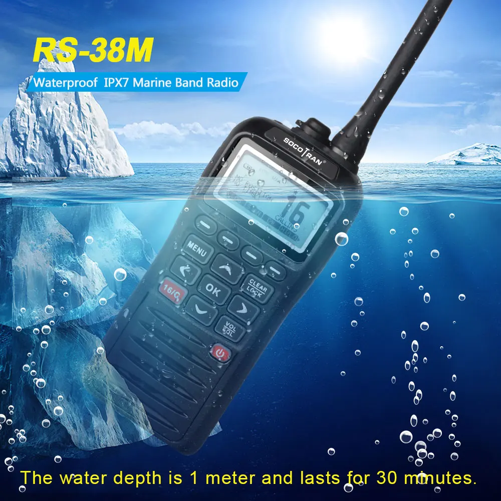 SOCOTRAN RS-38M GPS Marine Two Way Radio VHF Handheld Floats Waterproof IPX7 ATIS code Tri-watch 156.025-157.425MHz Transceiver