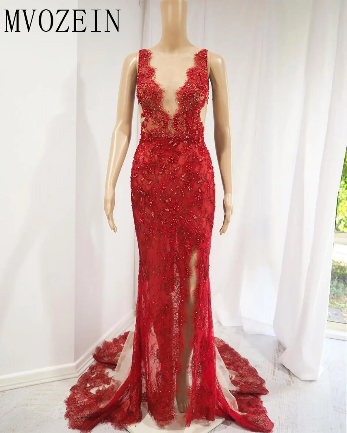 Vestidos Red Mermaid Avondjurk 2023 V-hals Mouwloos Hoge Split See Through Lange Avondjurken Robe De Soiree