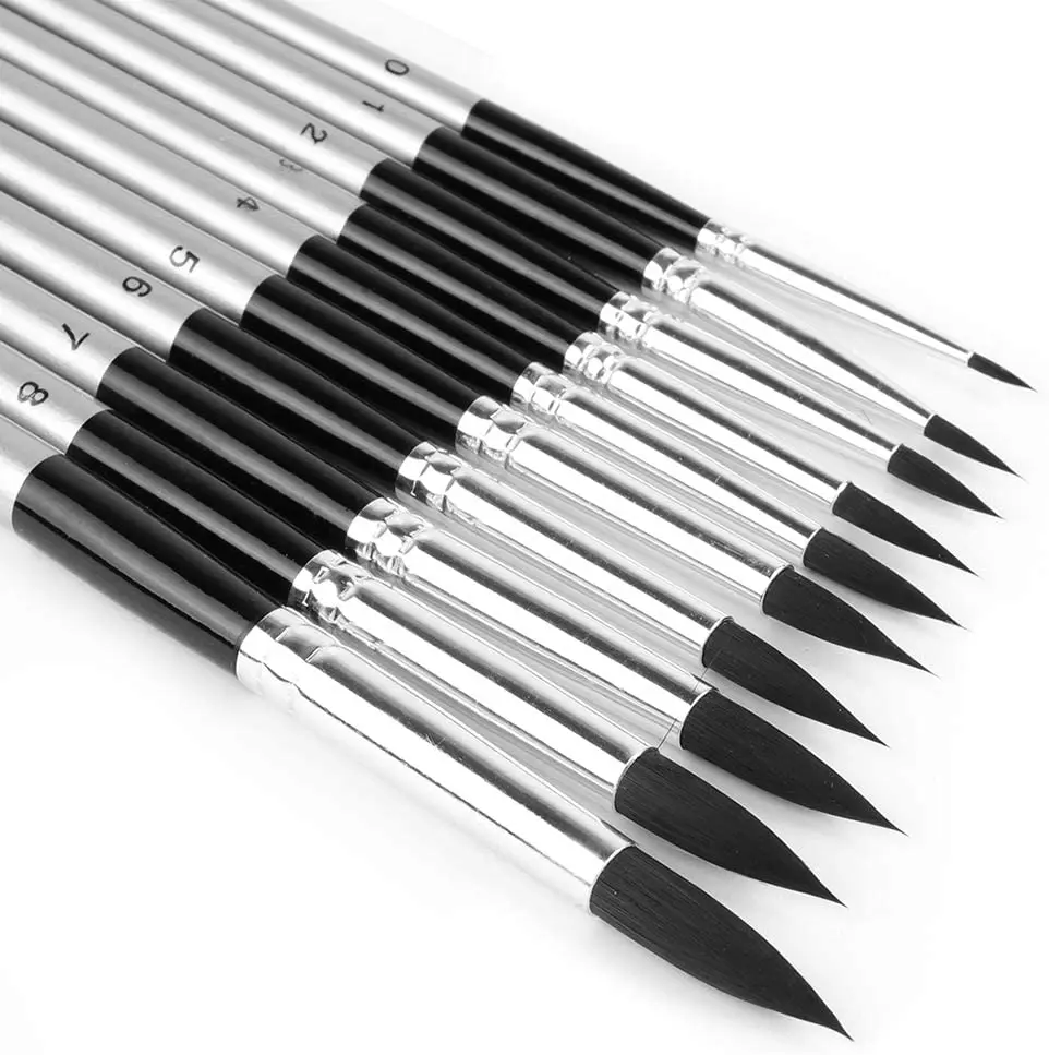 10pcs Round Paint Brush Set Pointed Tip Soft Black Hair Artist Brush for Water Color Acrylic Ink Gouache Oil Tempera Paint