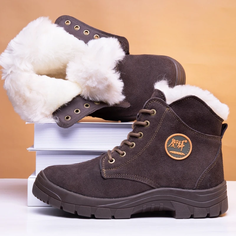 Men Winter Boots Natural Wool Thicken Sheepskin Snow Boots Waterproof Non-slip Men\'s Leather Boots Antifreeze Cracking