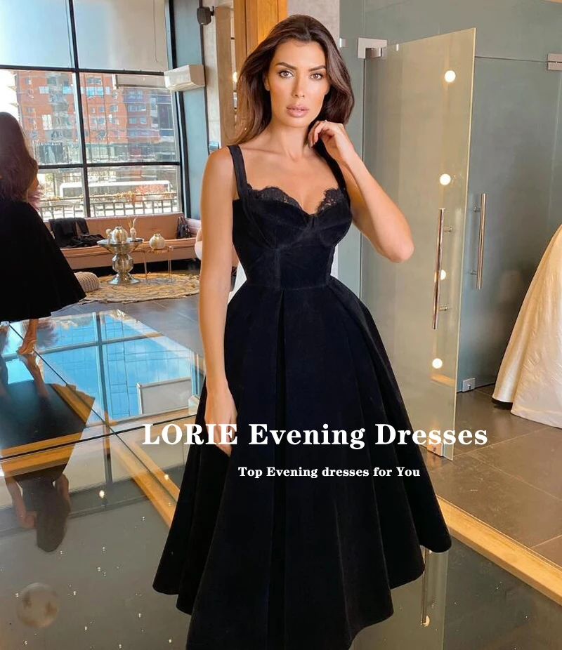 LORIE Black Prom Dresses Sweetheart Spaghetti Strap A-Line Velvet Mid Length Celebrity Party Dress Girl Graduation Gown 2021