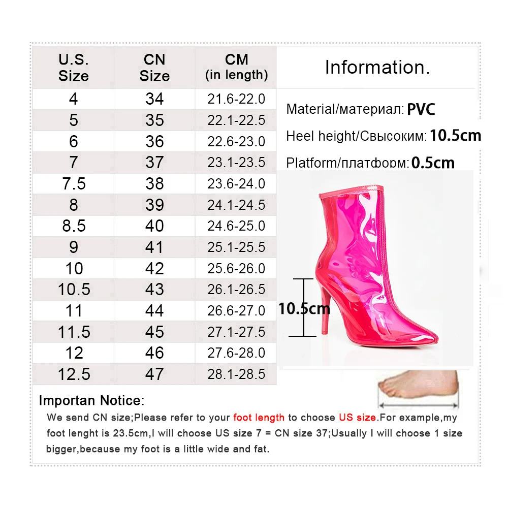 Spring Neon PVC transparent Boots Women Colorful Pointed Toe Zip High Heels Abkle Boots Fashion Sexy Ladies Shoes Botas Mujer