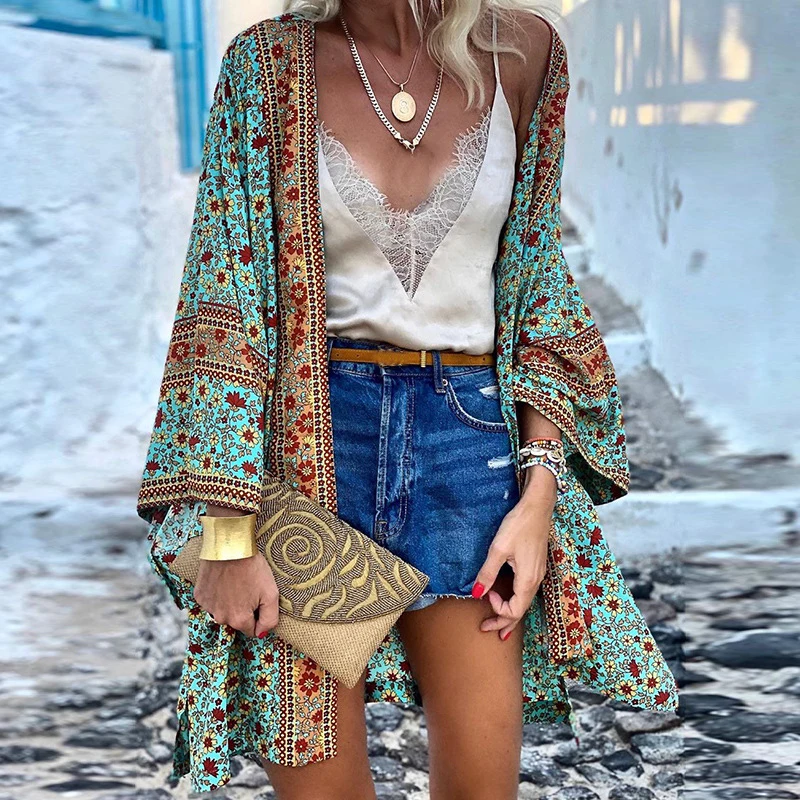 2021 Women Boho Print Floral Beachwear Kimono Cardigan Loose Long Sleeve Shawl Capes Blouse Bikini Cover Wrap Outdoor Thin Coat