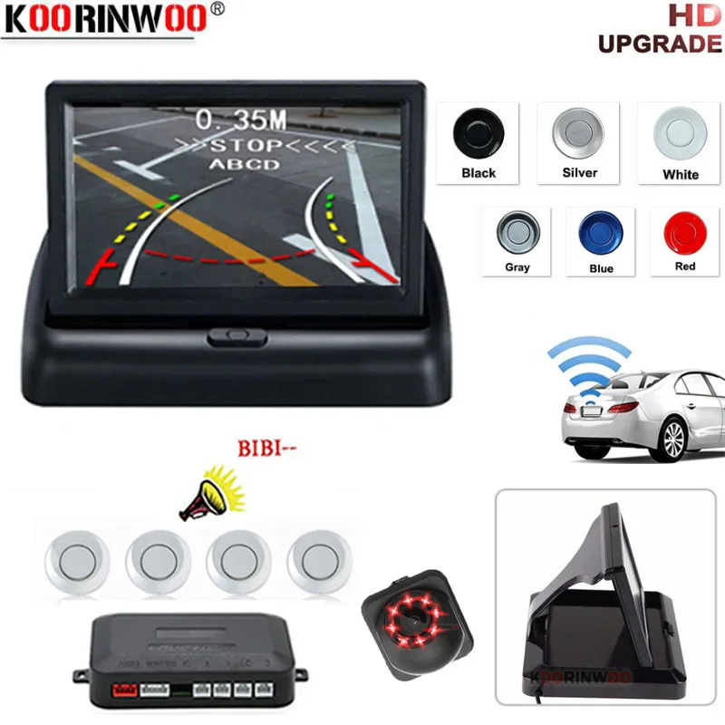 Koorinwoo Car Parking Sensors Kit 4 Radar Alarm Detector Movable Connect Dynamic Trajectory Camera For Foldable Monitor Screen