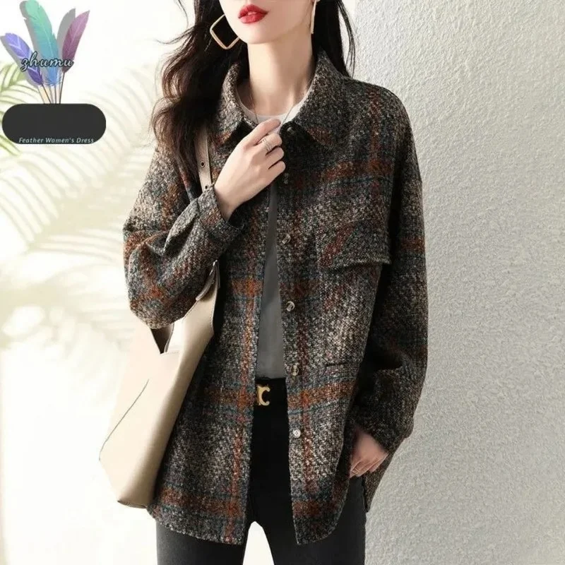 

Thick Woolen Jacket Blouse 2021 Autumn New Retro Fashion Wild Long-sleeved Plaid Long-sleeved Shirt Women