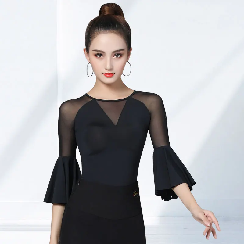 

Latin dance clothes women tops practise costume modern sexy ballroom dancing ice silk flared sleeve dance practice clothes