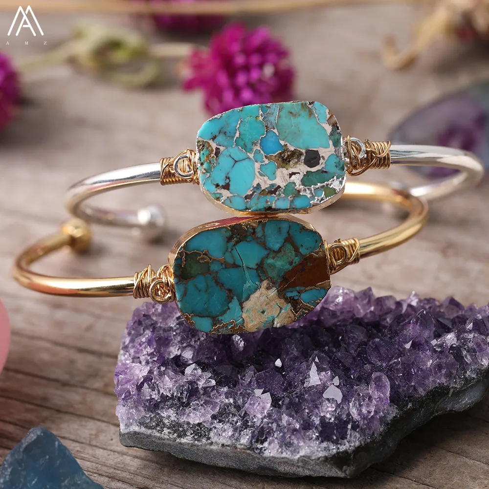 Trendy Women Gold Line Turquoises Open Cuff Bracelets Natural Gemstone Wire Wrap Bangles Birthday Gifts