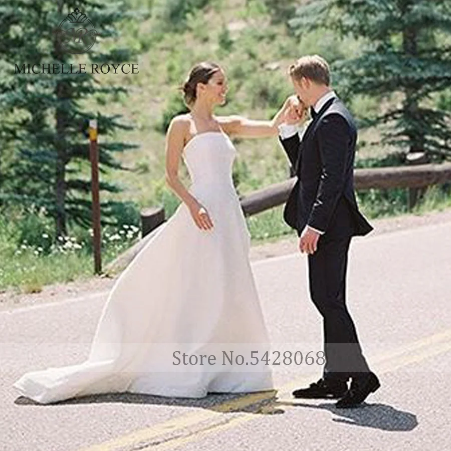 Michelle Royce-vestidos de novia de satén suave sin tirantes para mujer, vestido de novia Sexy con apliques, cola de la campana Vestido De Novia