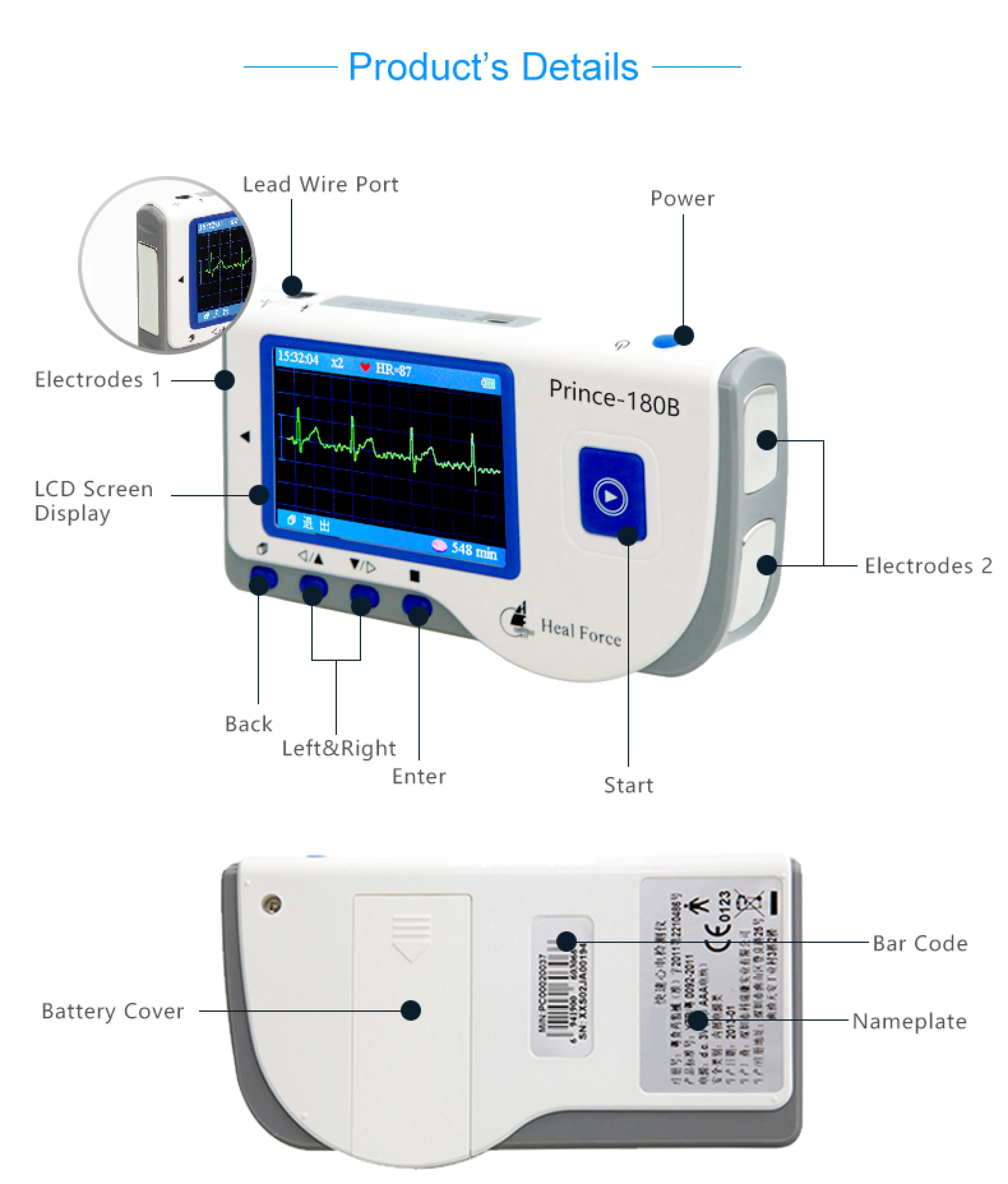 USB Heal Force Prince 180B Software Portable Household Heart Ecg EKG Handheld Heart Monitor Continuous Measuring Color Screen