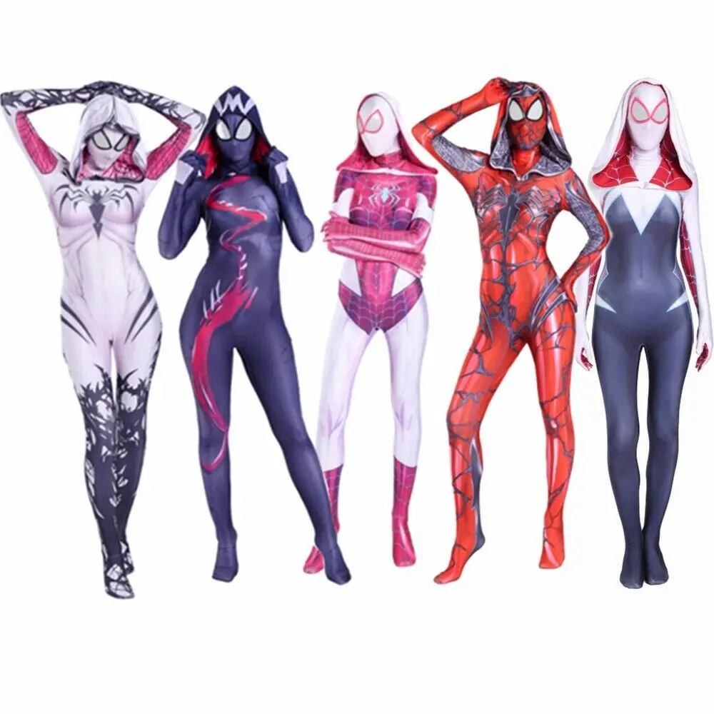 Spider Gwen Stacy Cosplay Costume Symbiote Venom Carnage Mask Hooded Zentai Suit Anti-Gwenom for Women Girls Halloween Outfit