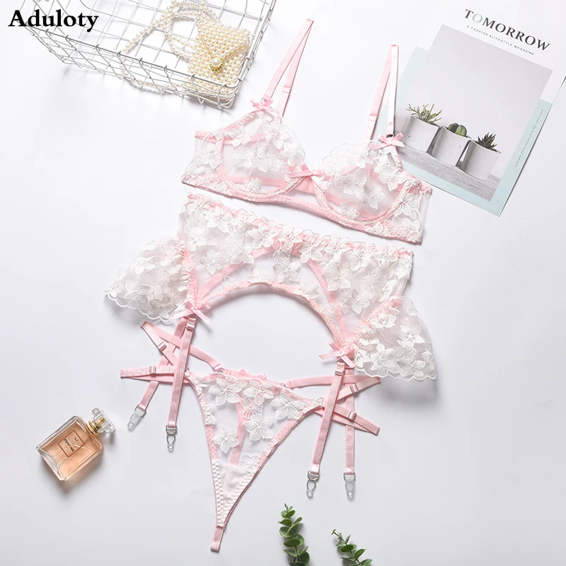 

Women's Cotton Embroidery Flowers Comfortable Mesh Underwire Lingerie Set Ladies Lace Bra Ruffled Garter Thong Underwear Suit