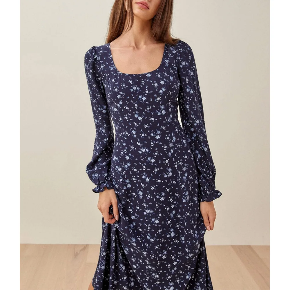 Dresses For Women 2021 Midi Dress Elegant Vintage Floral Dress Back Waist Tie Scoop Neck Long Sleeve Dress Spring Autumn Clothes