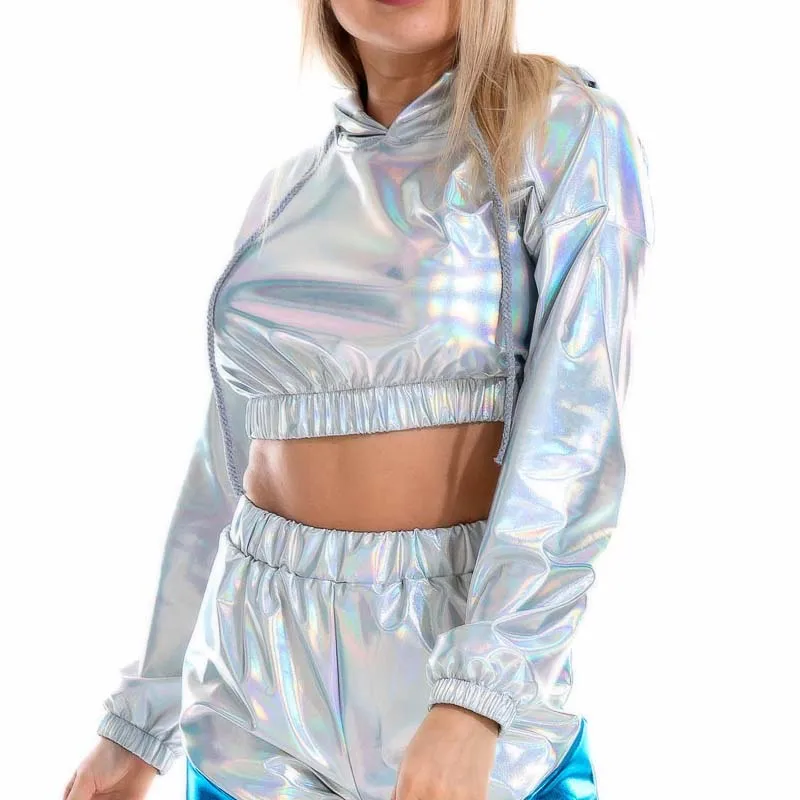 Sexy Cropped Holographic Hoodies Women Shiny PU Metallic Hoody Long Sleeve Short Sweatshirt with Drawstring Pullovers Streetwear