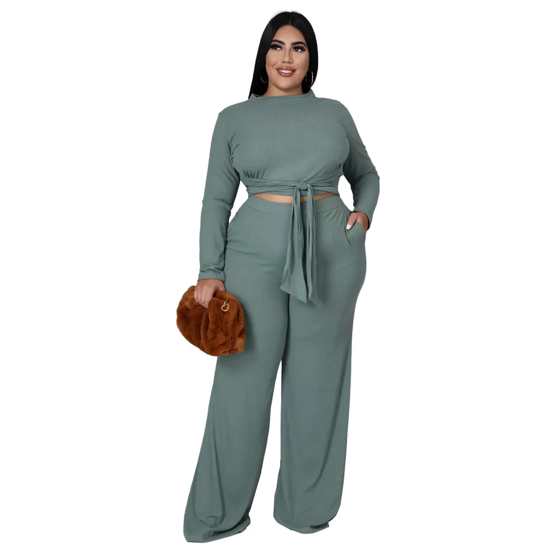 XL-5XL zimowe zestawy Plus rozmiar jednokolorowe żebra bandaż z długim rękawem szerokie spodnie nogi garnitury damskie eleganckie hurtownia