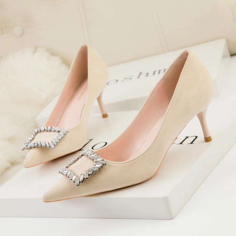 Sexy Korean Suede Women Pumps New Elegant Crystal Metal Buckle Women's High Heel Shoes Autumn Shallow Dress Office Shoe