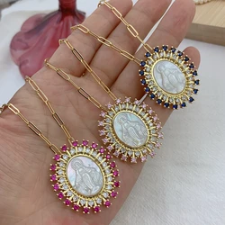 Religious Holy Virgin Mary Necklaces For Women 2021 Zircon Natural Mother of Pearl Shell Pendant Choker Necklace Jewelry