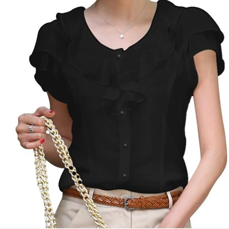 New Arrival 2023 Chiffon Short Sleeve Female Blouse Shirt Fashion Ruffles Ladies White Black Office Blouses Women Clothes