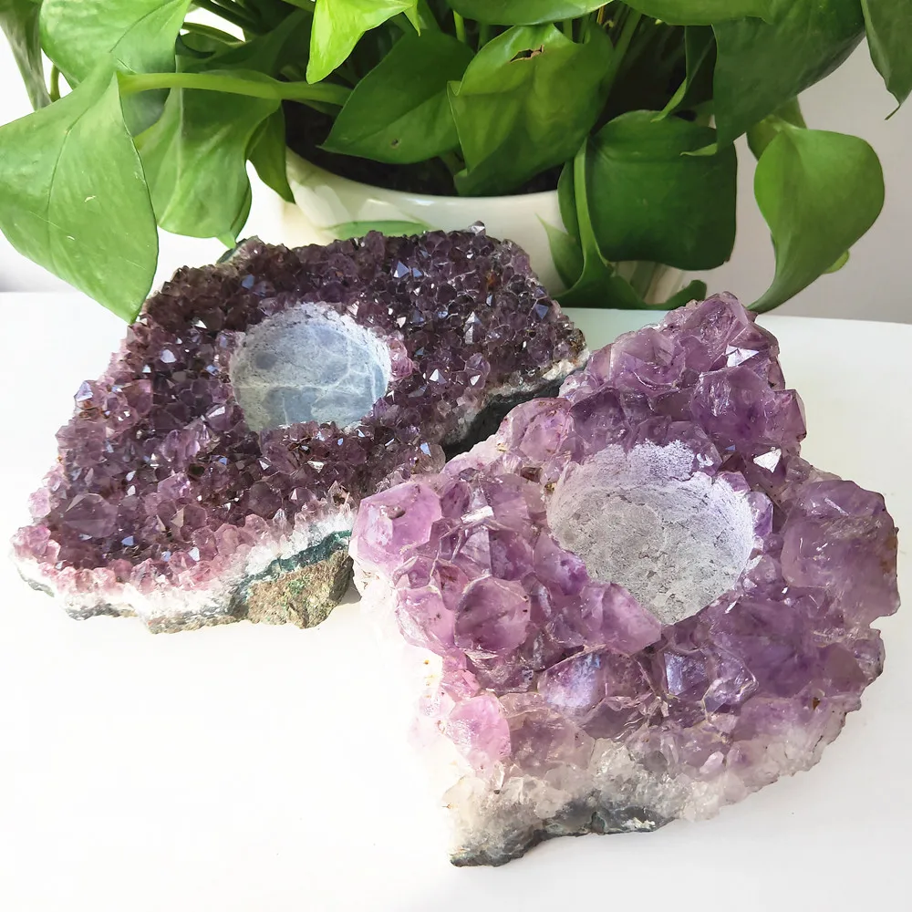 

Amethyst crystal cluster candleholder Natural Brazil Ametist quartz Gemstone vug candlestick Healing decoration 500-750g