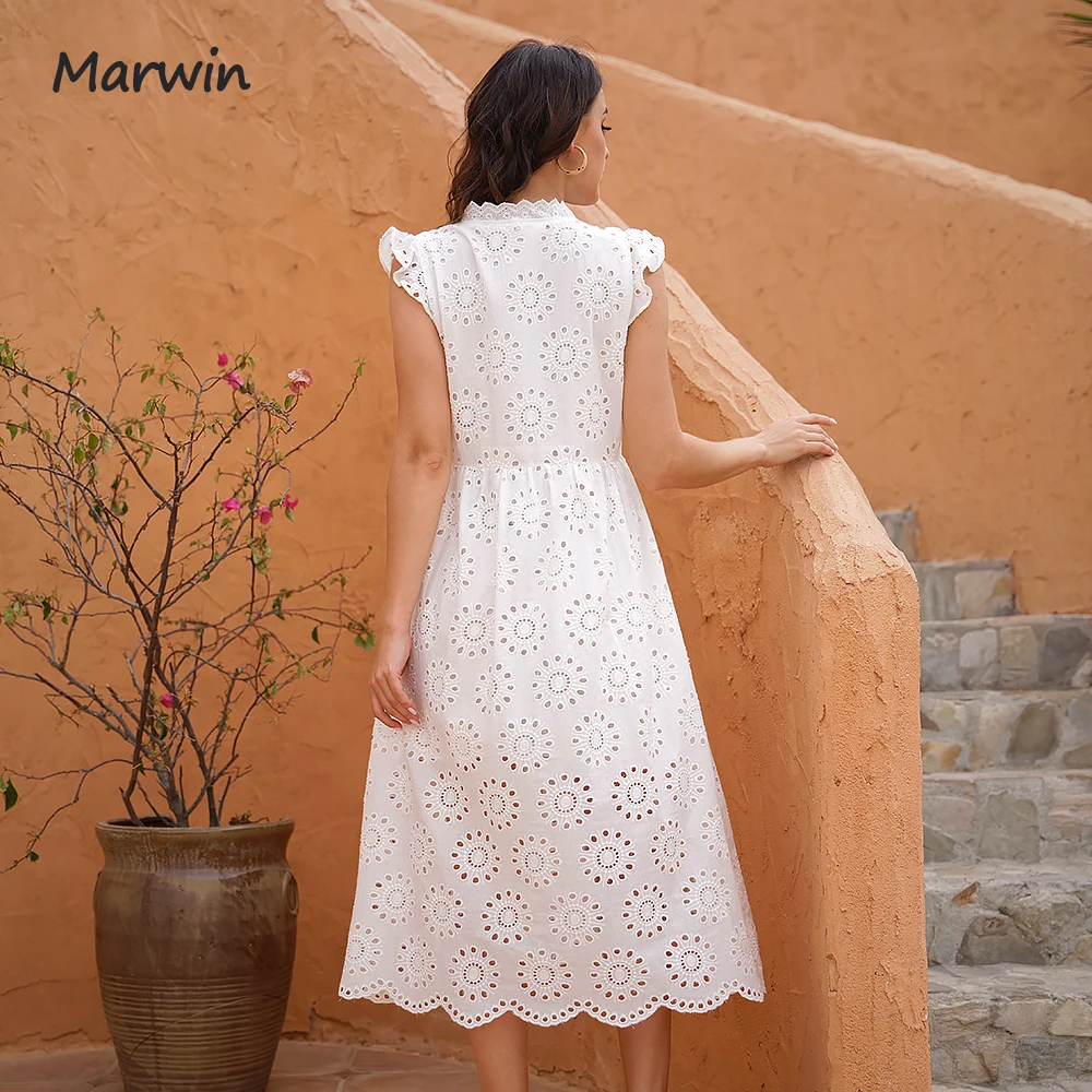 Marwin Long Simple Casual Solid Hollow Out Pure Cotton Holiday Style High Waist Fashion Mid-Calf Summer Dresses NEW Vestidos