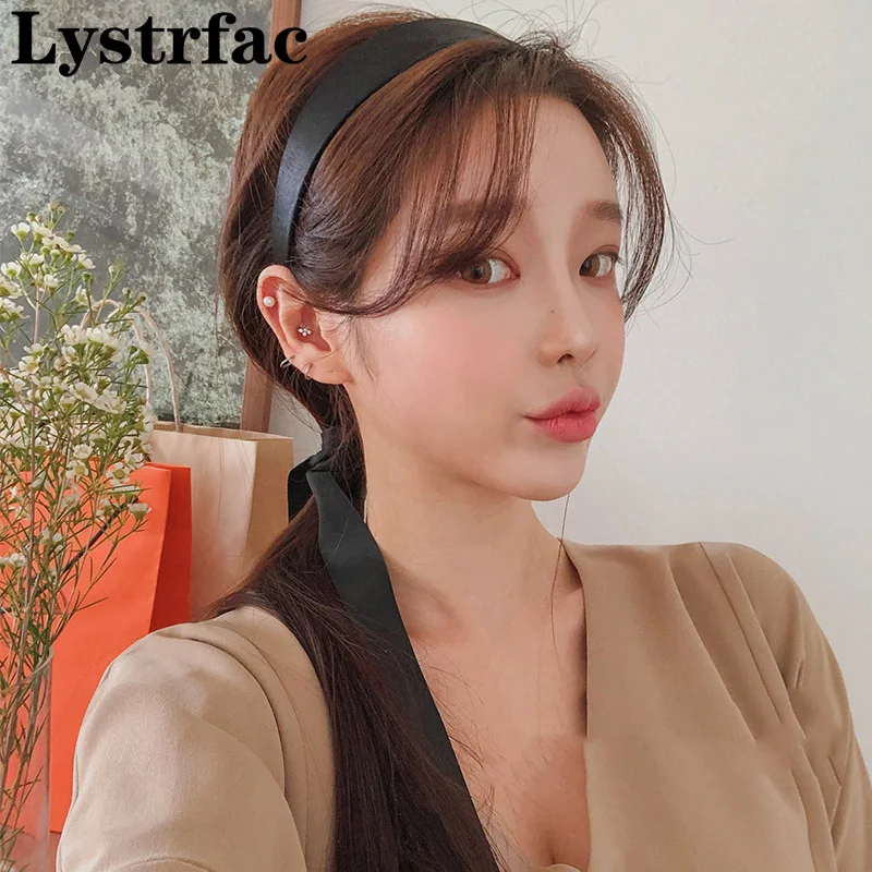 Lystrfac Korean Retro Black Long Ribbon Headband for Women Satin Bow Elegant Press Hairband Female Hair Accessories