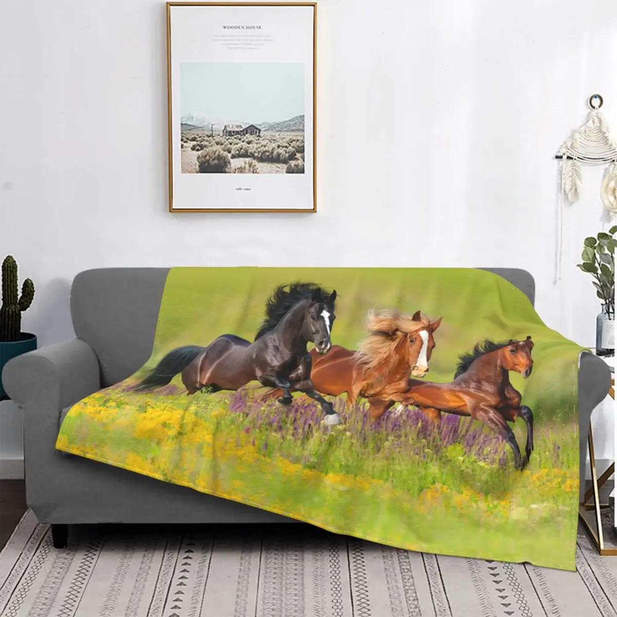 Horse Running Flower Meadow Fleece Blankets Galloping Animal Lovers Throw Blankets for Bed Sofa Couch 200x150cm Bedspreads