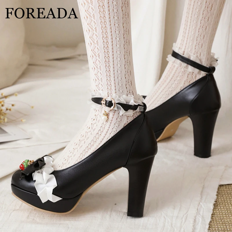 FOREADA Ankle Strap Lolita Shoes Platform Round Toe Pumps Thick High Heels Buckle Shoes Bow Lace Female Footwear Autumn White 46