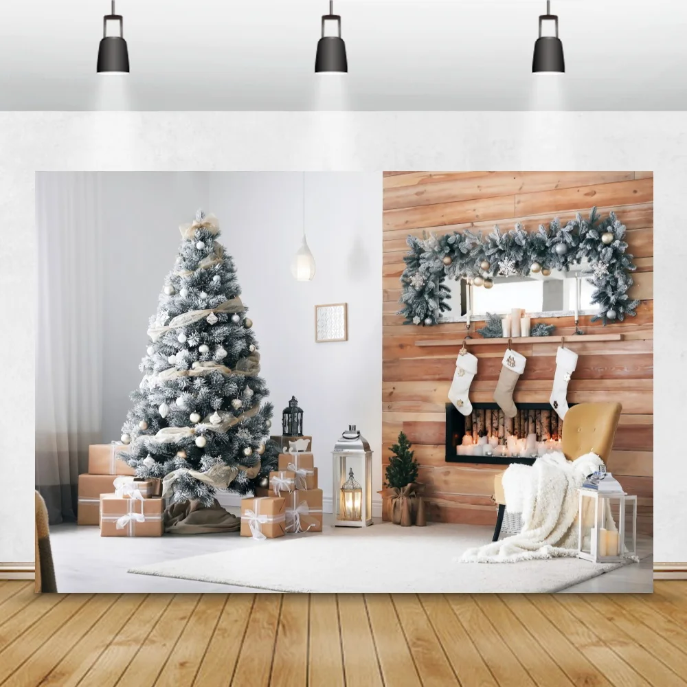 Christmas Tree Wooden Fireplace Interior Photography Background Child Baby Portrait Photocall Backdrop Family Party Room Decor