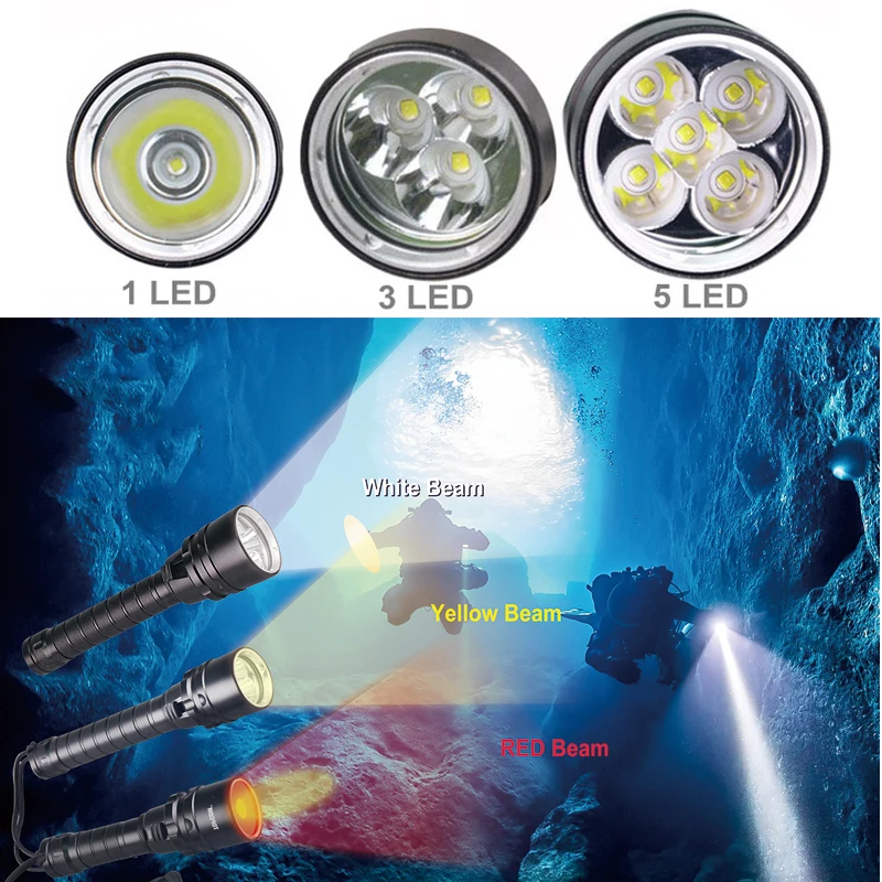TOPCOM Professional 10w LED Diving Flashlight T6 L2 LED Diving Light White Yellow Scuba Underwater Lantern With Anti-Skid Rope