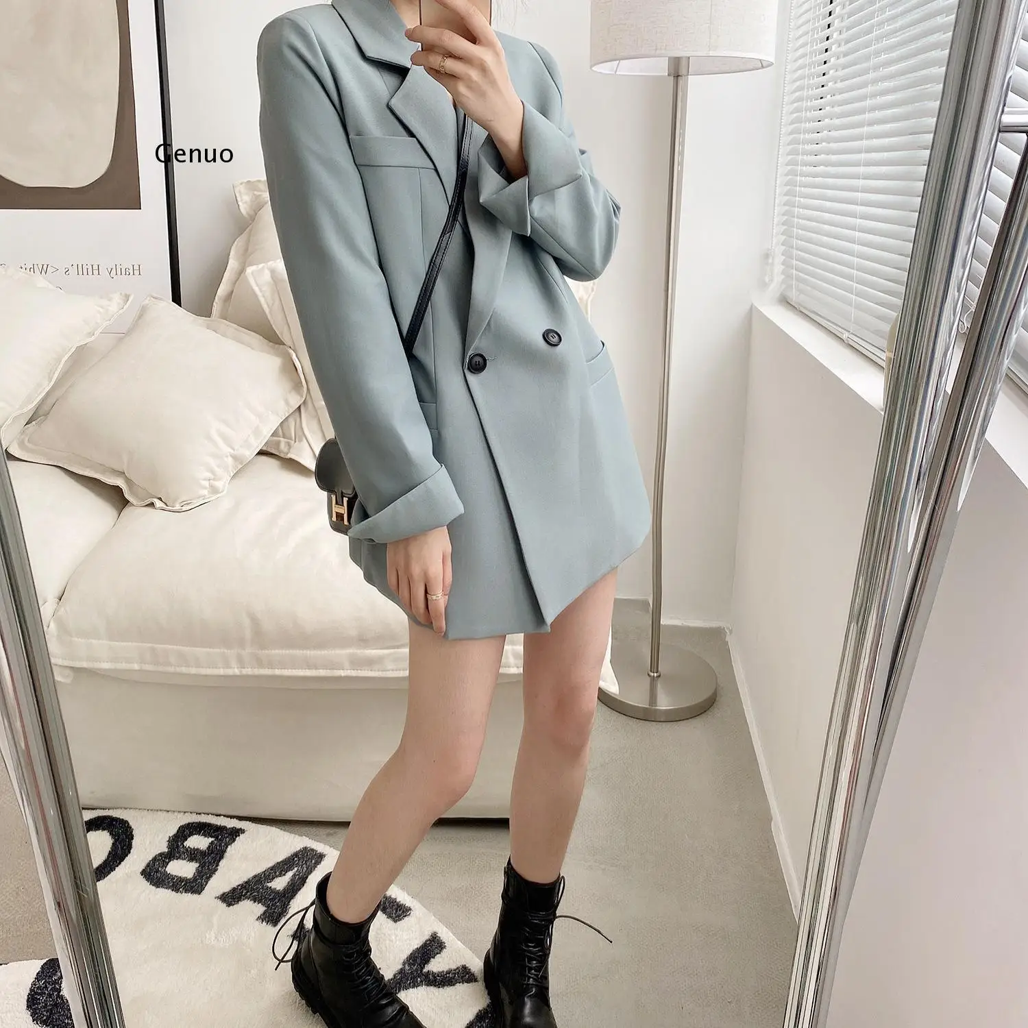 

Autumn Solid Color Elegant Blue Blazer Women Jacket Women's Korean Style Loose V-neck Long Sleeve Cardigan