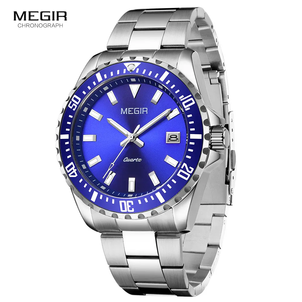 Imagem -05 - Relógio de Quartzo Masculino Megir à Prova Dágua com Mostrador Azul Luminoso Moda Aço Inoxidável