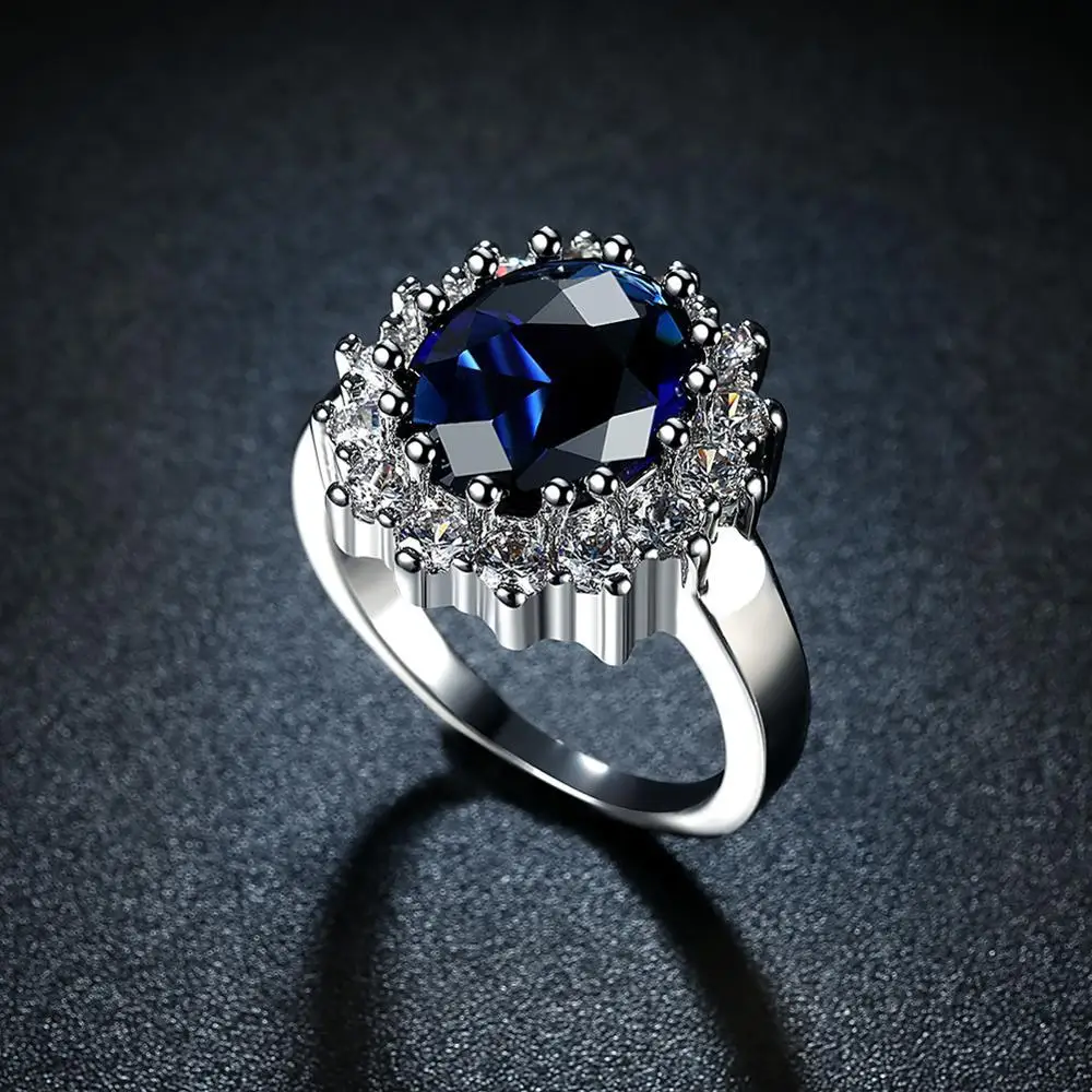 Princess Diana William Kate Gemstone Rings Sapphire Blue Wedding Engagement 925 Sterling Silver Finger Ring for Women