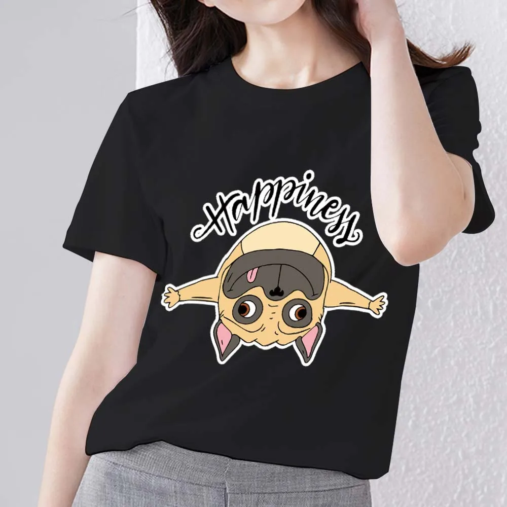 

Women T-shirt Black Polyester Clothing Casual Basic Cute Happy Puppy Pattern Printing Commuter Soft O-neck Ladies Short Sleeves