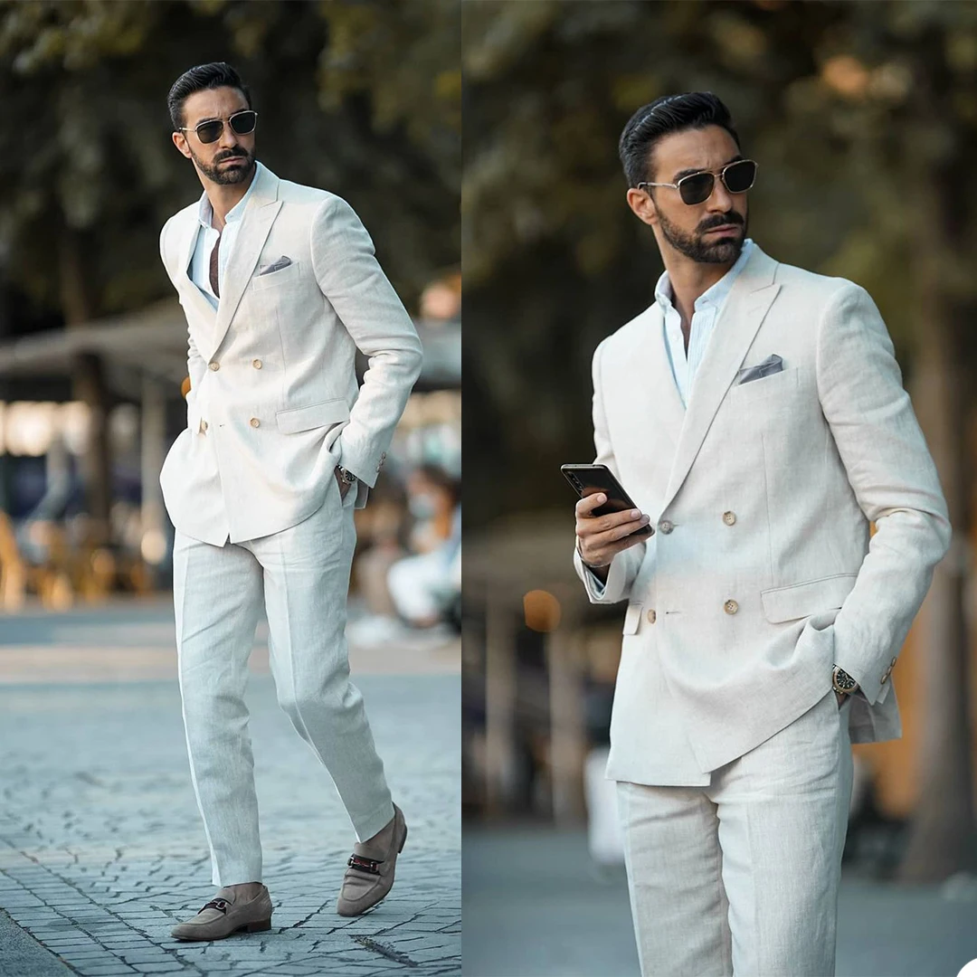 

Simple Handsome Men Blazer Suits White Double Breasted Custom Made Tuxedos Daily Smart Casual Formal Slim Fit Pocket Jacket