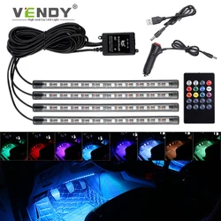 Tira de luz LED RGB para ambiente Interior de coche, lámpara de pie decorativa con USB, Control remoto inalámbrico de música, múltiples modos