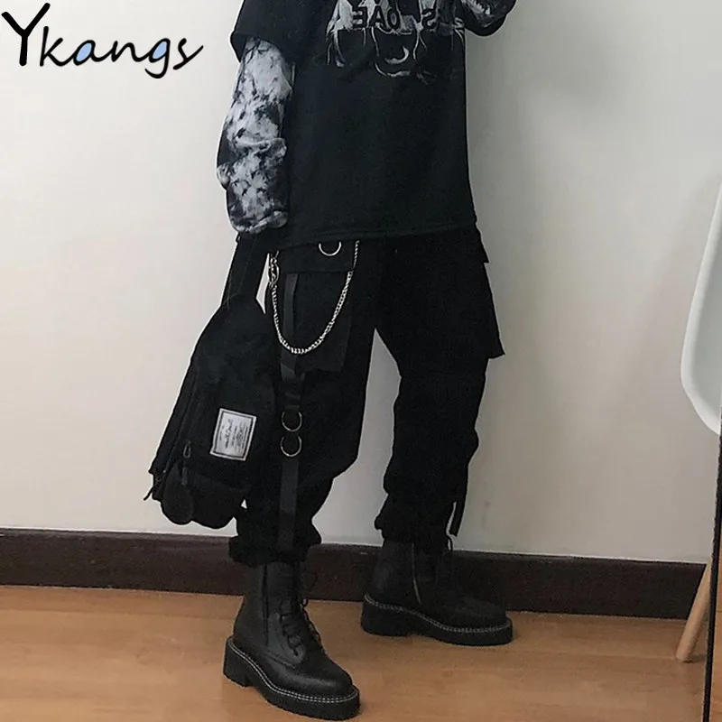 

Gothic Harajuku Streetwear Women Casual Harem Pants With Chain Solid Black Cargo Pants Cool Fashion Hip Hop Long Trousers Capris