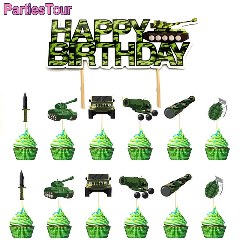 Army Birthday Party Decor Camo Cake Toppers Camouflage Tank Plane Cupcake Topper Kids Birthday Soldier Military Party Supplies