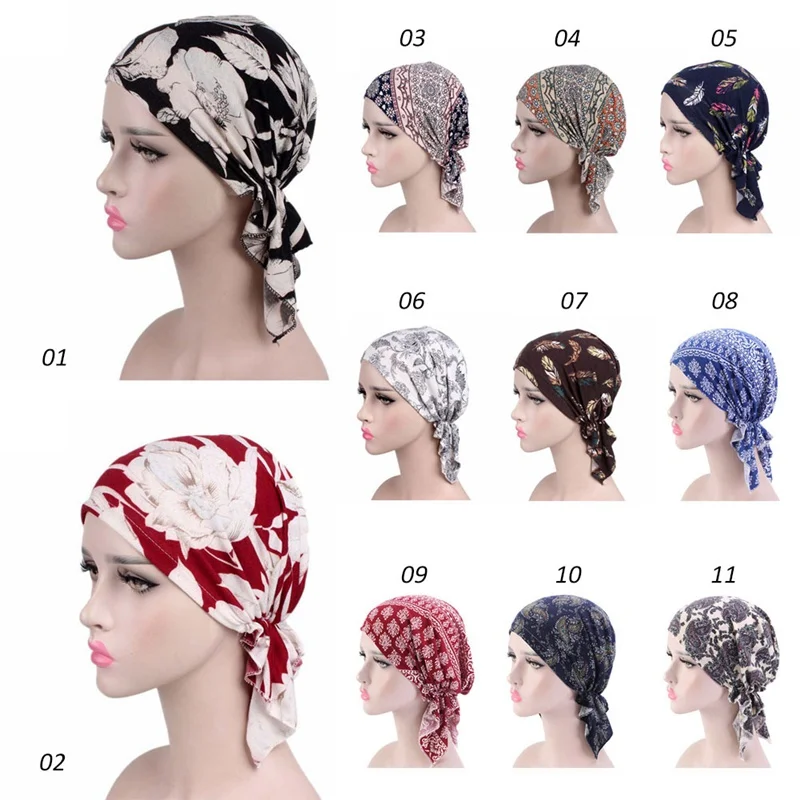 Women New Cotton Elastic Scarf Turban Cap Ladies Print Ruffle Cancer Chemo Hat Beanie Head Wrap Lady Hair Accessories