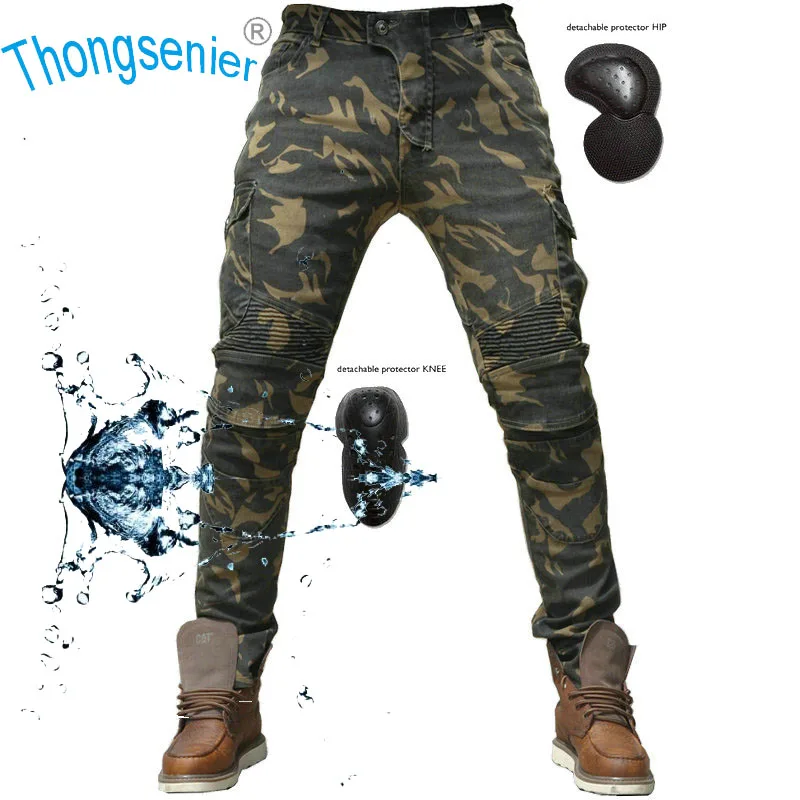 Three Colors Gray/black/camouflage waterproof pants Moto jeans motorcycle riding pants waterproof racing pants with 4 knee pads