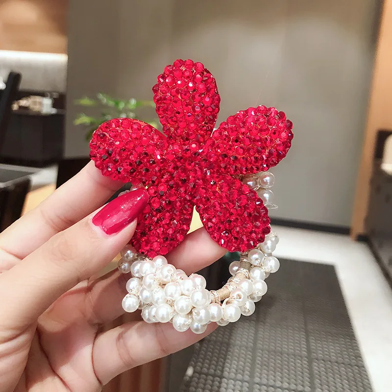 Full Rhinestone Flower Elastic Hair Bands Shiny Cute Pearl Beaded Bracelet Crystal Petal Rubber Bands Hair Accessories Wholesale