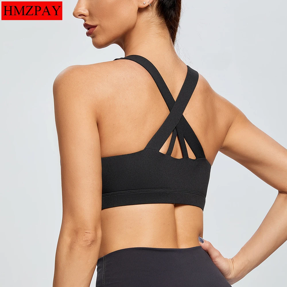 

Nylon Fabric Women Padded Sports Bra Buttery Soft Cross back Crop Tank Top Medium Support For Workout Fitness Running Yoga Vest