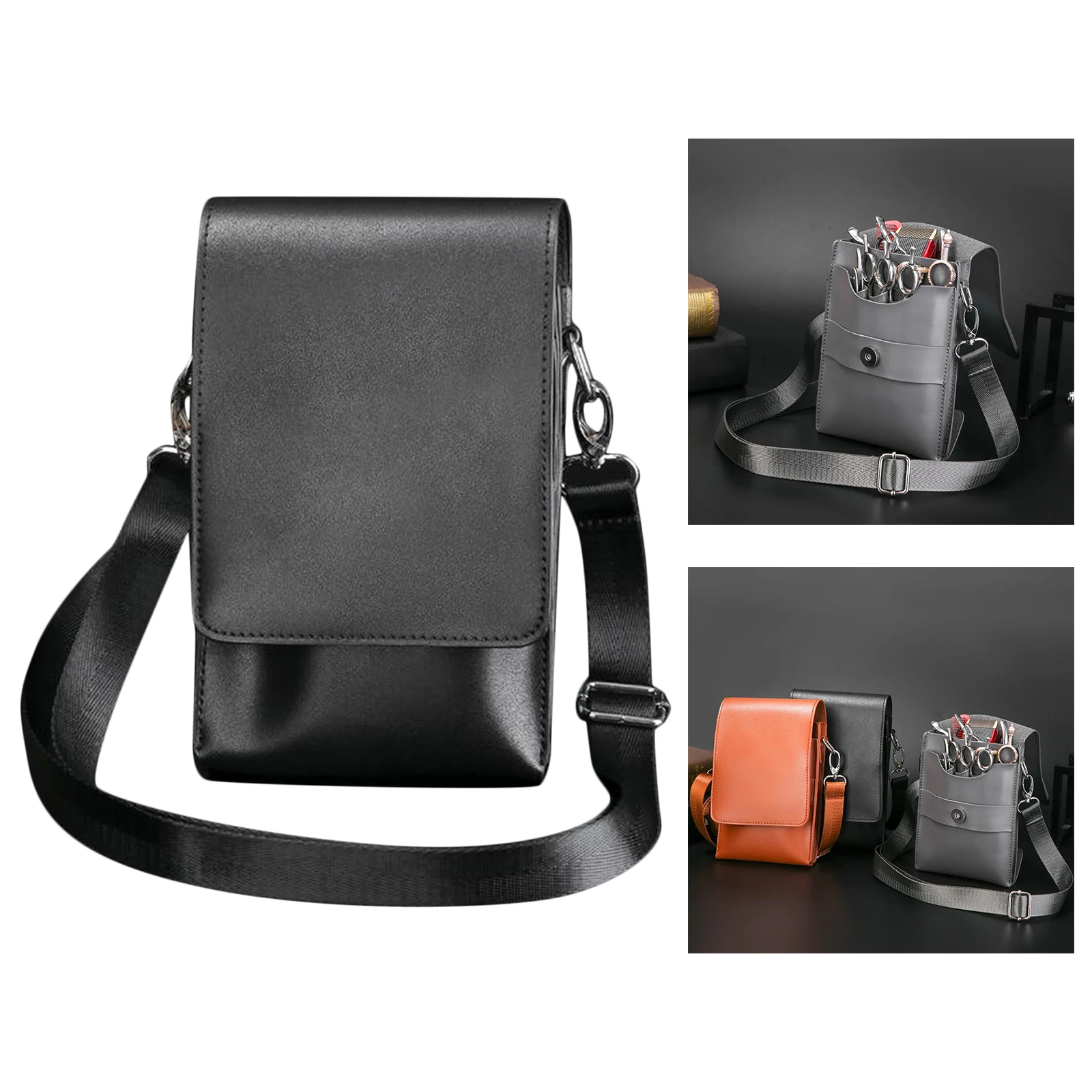 PU Leather Hair Scissor Bag Clips Bag Hairdressing Barber Scissor Holster Pouch Holder Case with Waist Shoulder Belt Brown