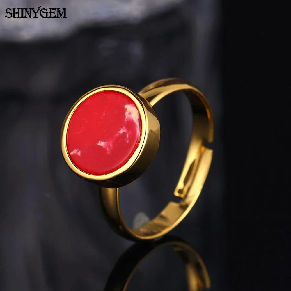 

ShinyGem Natural Cabochon Gem Stone Rings Adjustable Vintage Gold Plating Sea Sediment Jaspers For Women Gift