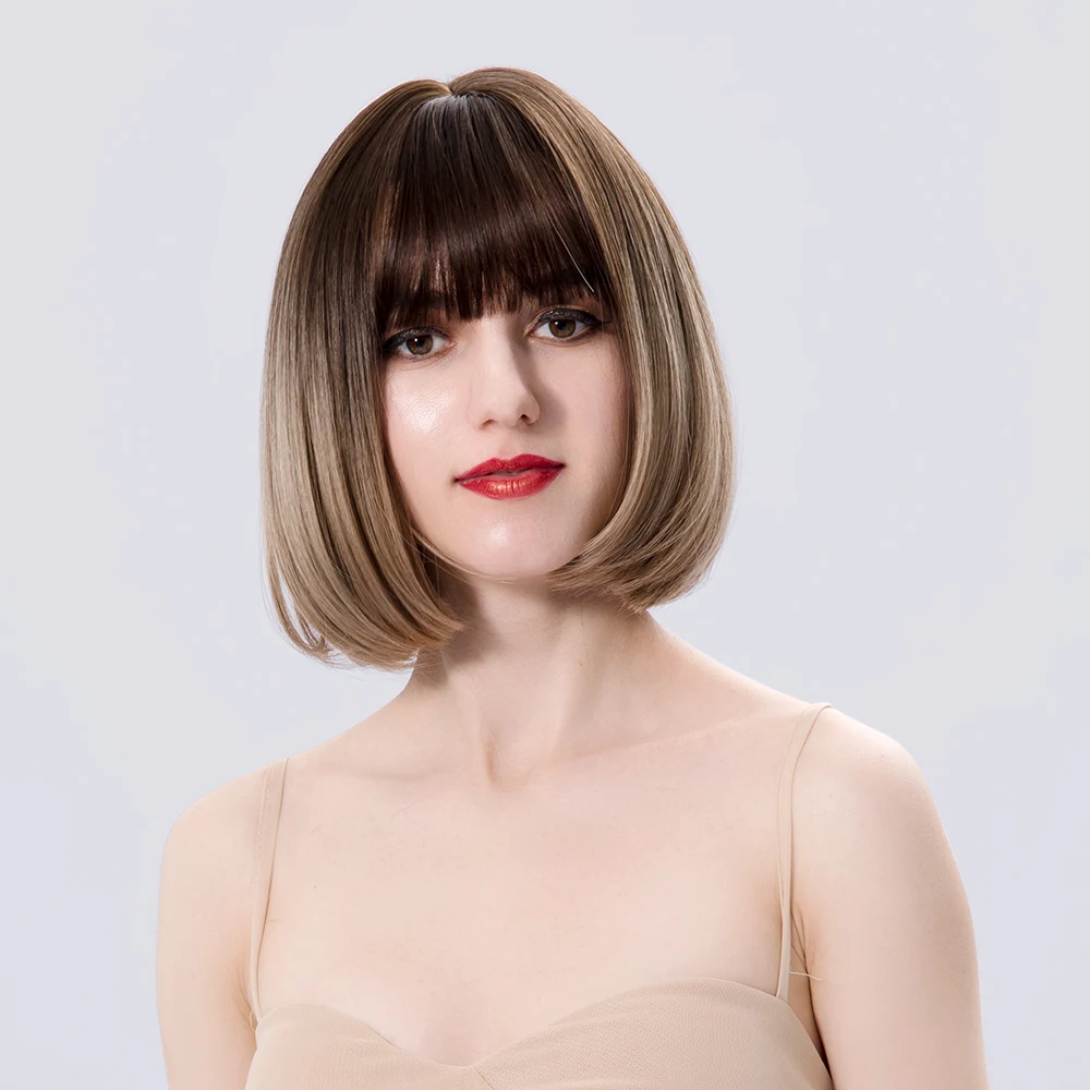 Short Brown Straight Nutural Ombre Hair Synthetic Wigs For White Women With Bangs Daily Cosplay Heat Resistant Fiber Bob Wig