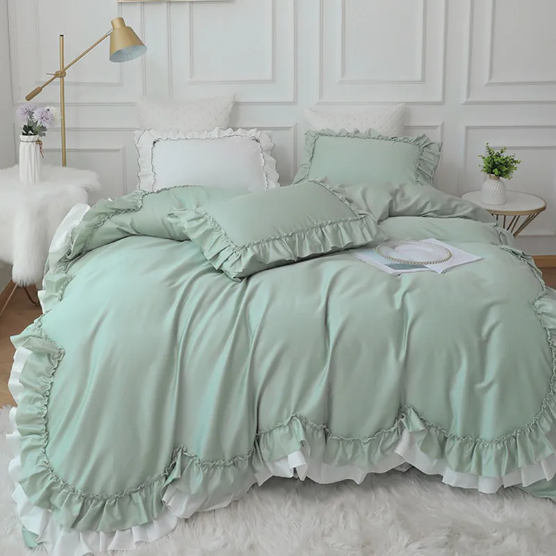 

100% Cotton Bedding Set King Queen Size Green Double Layer Ruffle Princess Quilt/Duvet Cover Bed Skirt Pillowcases Solid Color