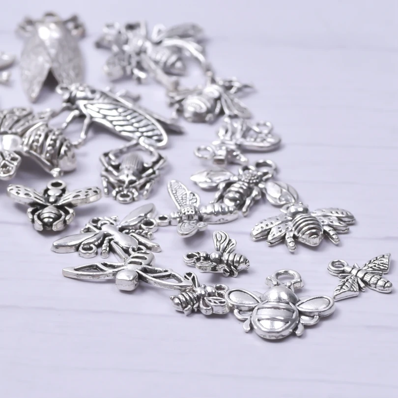 Silver Color Mixed Insect Charms For Jewelry Making Bee Pendant Alloy Cricket Animal Pendant Women Men Accessories DIY Necklace