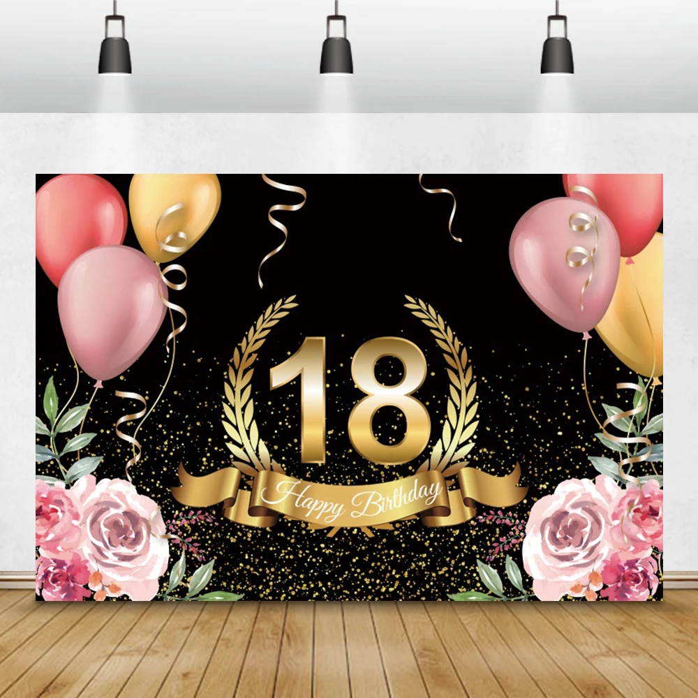 

Laeacco Happy 18 21 30 40 50 Birthday Photography Backdrops Pink Flowers Balloons Glitters Wheat Custom Photo Background Posters