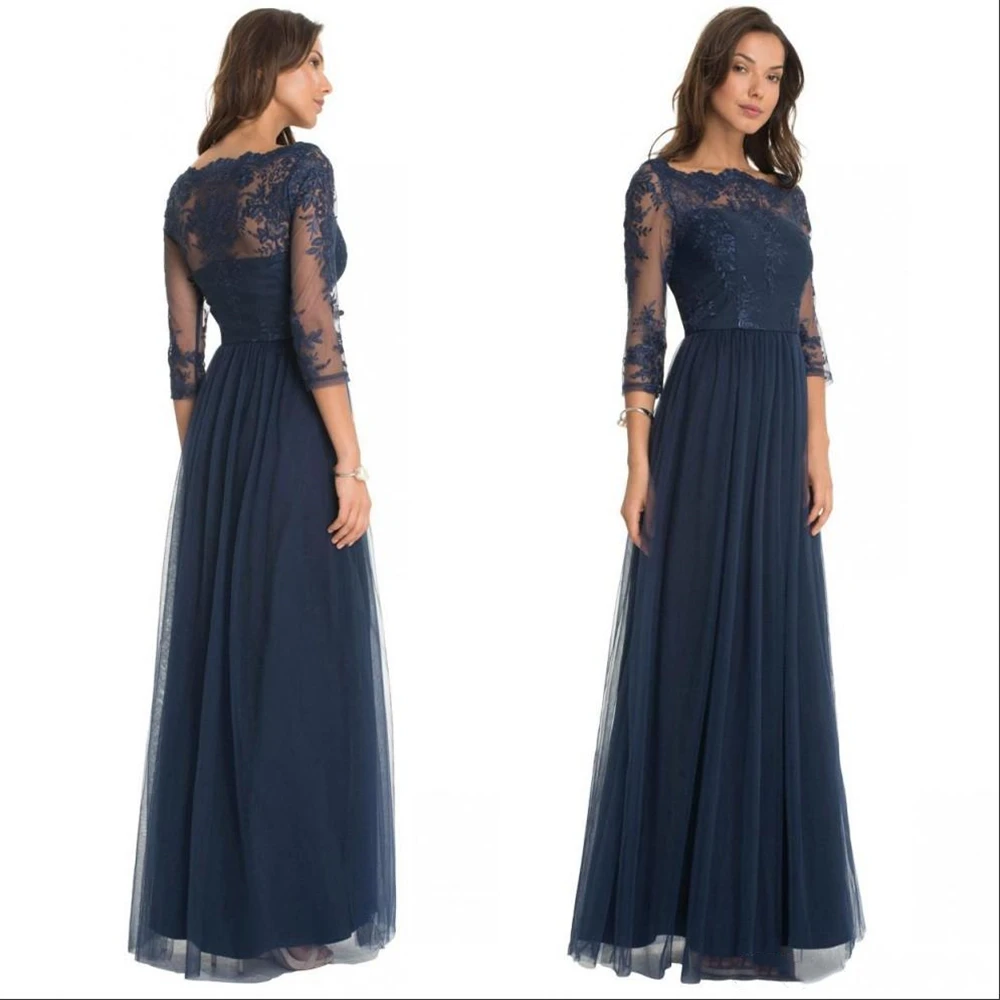 

Custom Made Vintage Dark Navy Lace Sheer Mother of the Bride Groom Dresses with Long Sleeves Floor Length Evening Wear Gowns